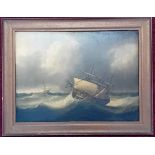 A 19th century oil on board seascape of a full rigged ship in heavy weather, another ship to