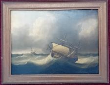 A 19th century oil on board seascape of a full rigged ship in heavy weather, another ship to