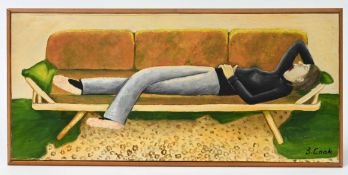 Beryl Cook O.B.E. (British, 1926-2008) oil on board, signed bottom right, 'Woman laying on a sofa