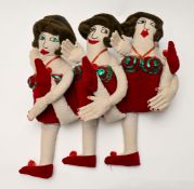 Embroidered cushion 'Three Dancing Dolls' probably by Beryl Cook, height 54cm width 47cm.