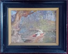 Arnold Henry Mason (British, 1885-1963) oil on board of a woman reclining on a lake, signed 'A.H.