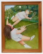 Beryl Cook O.B.E. (British, 1926-2008) 'Tennis' oil on board, with applied hair piece, signed bottom