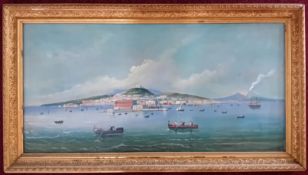 19th century Neapolitan School, an oil on canvas of boats off the Naples coast(?), smoking volcano