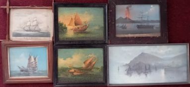 A collection of six maritime pictures, to include Neapolitan school watercolour, ship profile of H.