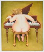 Beryl Cook O.B.E. (British, 1926-2008) oil on board, inscribed on reverse 'Here I am, playing the