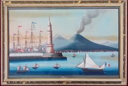 Neapolitan School, a watercolour study of ships in the Naples coast, smoking Mount Vesuvius to