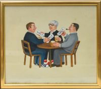 Beryl Cook O.B.E. (British, 1926-2008) small gouache painting, 'Tony, Beryl and John', 22.5cm x 26cm