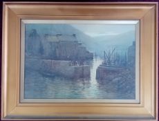 Herbert E Butler (1861-1931), watercolour of moonlit quayside cottages, possibly Polperro, signed