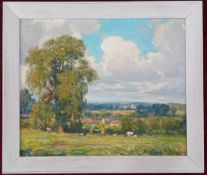 Y. Burns, oil on canvas of a cow field with oak tree, signed lower right, subject size 48cm x