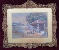 Claude Rowbotham (British, 1864-1949) ? Indistinct, watercolour of farm scene, signed lower right