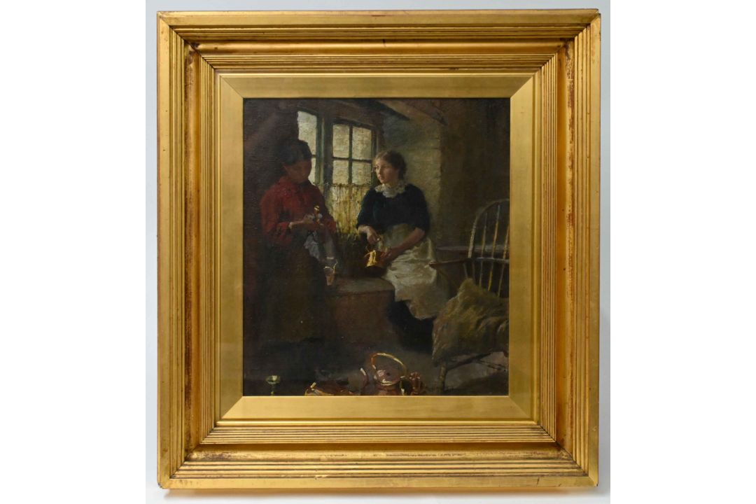 Harold Harvey (British, Newlyn School, 1874-1941), oil on canvas, ‘Polishing Day’, framed and - Image 1 of 8