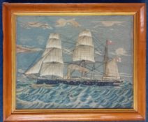 A 19th century sailor's woolwork ship portrait depicting a three masted steam ship flying the