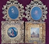 Four pictures in decorative gilt frames, to include two portraits, a Madonna and child, and another.