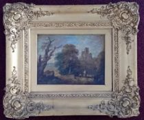 An 18th century oil on board of two figures in a landscape, ruined castle to background, unsigned,