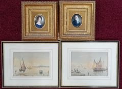 A pair of watercolour ship scenes, together with a pair of Victorian portraits on porcelain. (4)