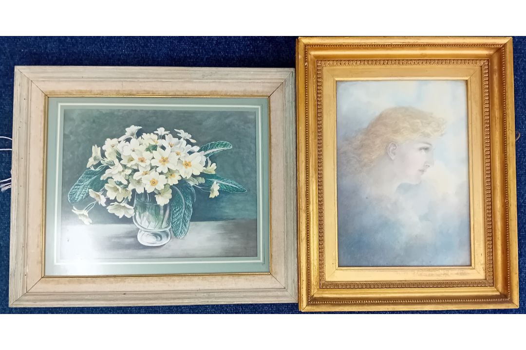 A collection of pictures, to include watercolour village scenes, portrait of a lady, still life, and - Image 3 of 3
