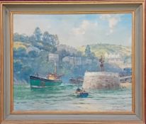 Charles Eddowes Turner (British, 1883-1965), oil on canvas, 'Banjo Pier, Looe Harbour, Cornwall',