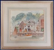 Charles Eddowes Turner (British, 1883-1965), watercolour sketch a boat docked near houses on the