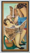 Beryl Cook O.B.E. (British, 1926-2008) oil on board mixed media, 'Reading Sunday Papers', signed
