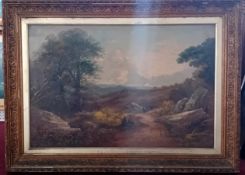 A 19th century oil on canvas of a country lane, unsigned, subject size 60cm x 90cm, framed.