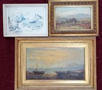 A collection of three paintings, to include a coastal and hunting oil on canvas, together with a