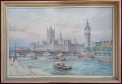 Charles Eddowes Turner (British, 1883-1965) oil on canvas, 'The Houses of Parliament, London',