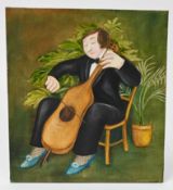Beryl Cook O.B.E. (British, 1926-2008) oil on board, 'Tony Playing the Cello', unsigned, 26cm x
