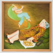 Beryl Cook O.B.E. (British, 1926-2008) oil on board, 'Dreaming of Dancing', Reclining Lady with Fish