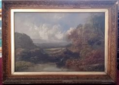 A 19th century oil on canvas of a punter in a lake, unsigned, subject size 60cm x 90cm, framed.