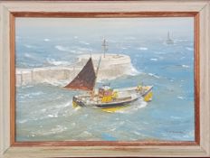 Charles Eddowes Turner (British, 1883-1965), oil on canvas 'Fishing Boat near Looe Banjo Pier,
