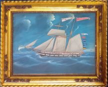 A gouache ship portrait of British schooner ‘Fanny Buller’ in a seascape, smoking volcano to the