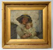 Harold Harvey (British, Newlyn School, 1874-1941), oil on canvas, ‘The Little Mother’, framed,