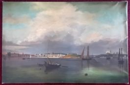 An oil on canvas of ships off harbour, signed 'R. Vanulf?' lower right, 60cm x 91cm, unframed.