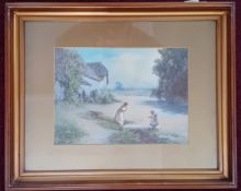 J. White, watercolour of children by thatched cottage, signed lower left, subject size 26cm x