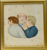 Beryl Cook O.B.E. (British, 1926-2008), small gouache painting, 'Three Men including Tony',