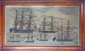 A 19th century sailor's woolwork ship portrait depicting various British ships near shore, worked in