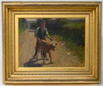 Harold Harvey (British, Newlyn School, 1874-1941), oil on canvas, ‘Boy with Calf’, framed, overall