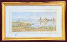 Marjorie Murray, watercolour possibly Indian scene, dated 1909, 24cm x 55cm, framed and glazed.