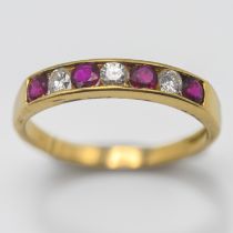 A ruby and diamond half eternity ring, set in 18ct yellow gold, size S, approx 3.4g.