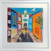 Lou Coultas (British Contemporary), fused glass, 'Colourful Totnes', framed, overall size 43cm x