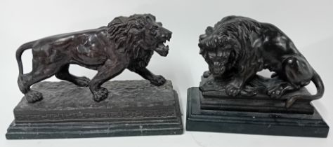 Two large bronze lions on plinths, one signed to base 'BARYE', max height approx 24cm.