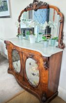 A Victorian walnut burr sideboard, white marble surface with mirror, two oval mirrors to cabinet
