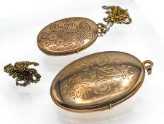 A large gold locket decorated with flowers, set in 9ct gold on a 9ct gold chain together with