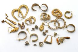 A collection of mixed 9ct gold earrings, total weight 27.6g.