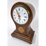 An Edwardian balloon shape clock, with inlaid decoration, Roman enamel dial with intricate gilt
