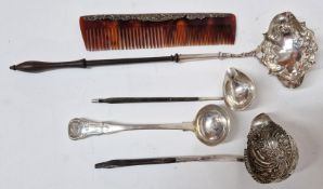 Four silver ladles, three with wooden handles, together with a silver mounted horn comb. (5)