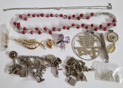 A silver Hong Kong pendant, brooches, silver charm bracelet etc.