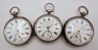 Three silver pocket watches, Roman enamel dials, to include one by 'W.E.Watts Nottingham, The