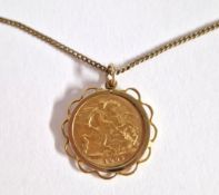 An Edward VII half gold sovereign 1908, mounted and on a chain.