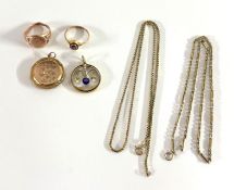 A mixed collection of gold jewellery including a 15ct gold seed pearl and amethyst pendant, approx